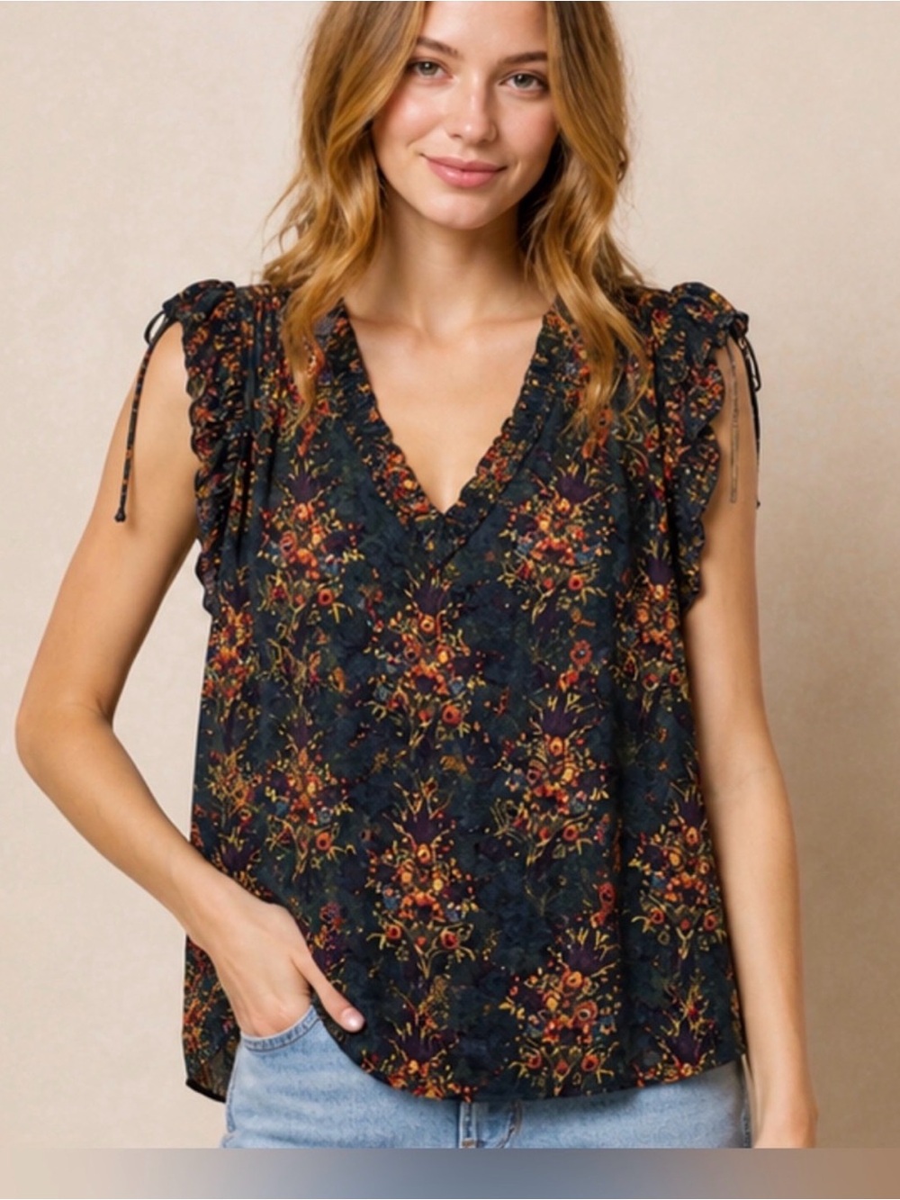 Natural Life Ramona Sleeveless Top Flowy Floral Boho Ruffle Shoulder with Tie